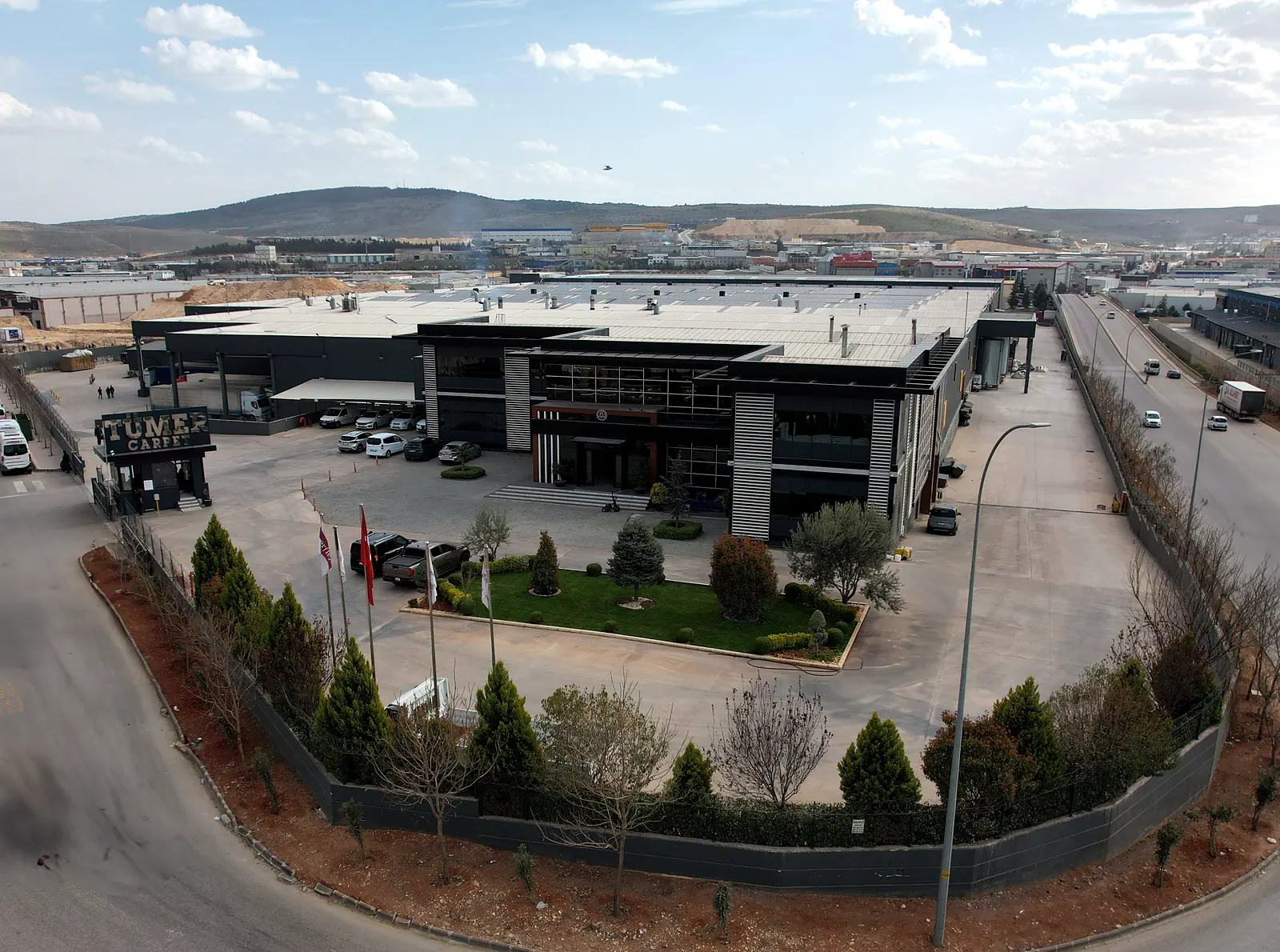 Aerial view of the Tumer Carpet head office and factory entrance