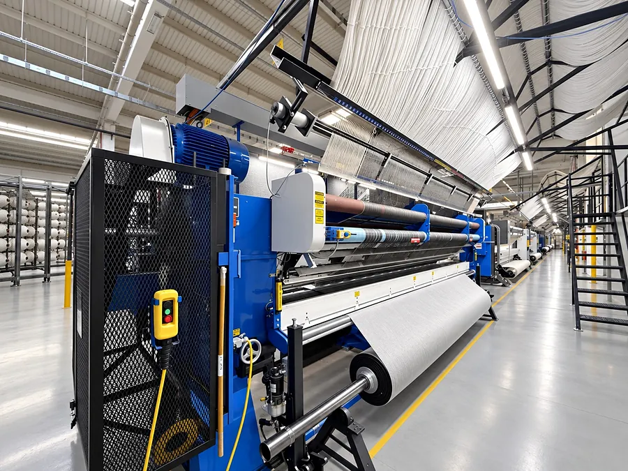Row of tufting machines in the tufting hall